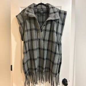 Zara Black and Gray Plaid Knit Vest with Fringe